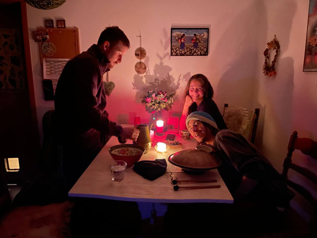 Sitting around the fire.