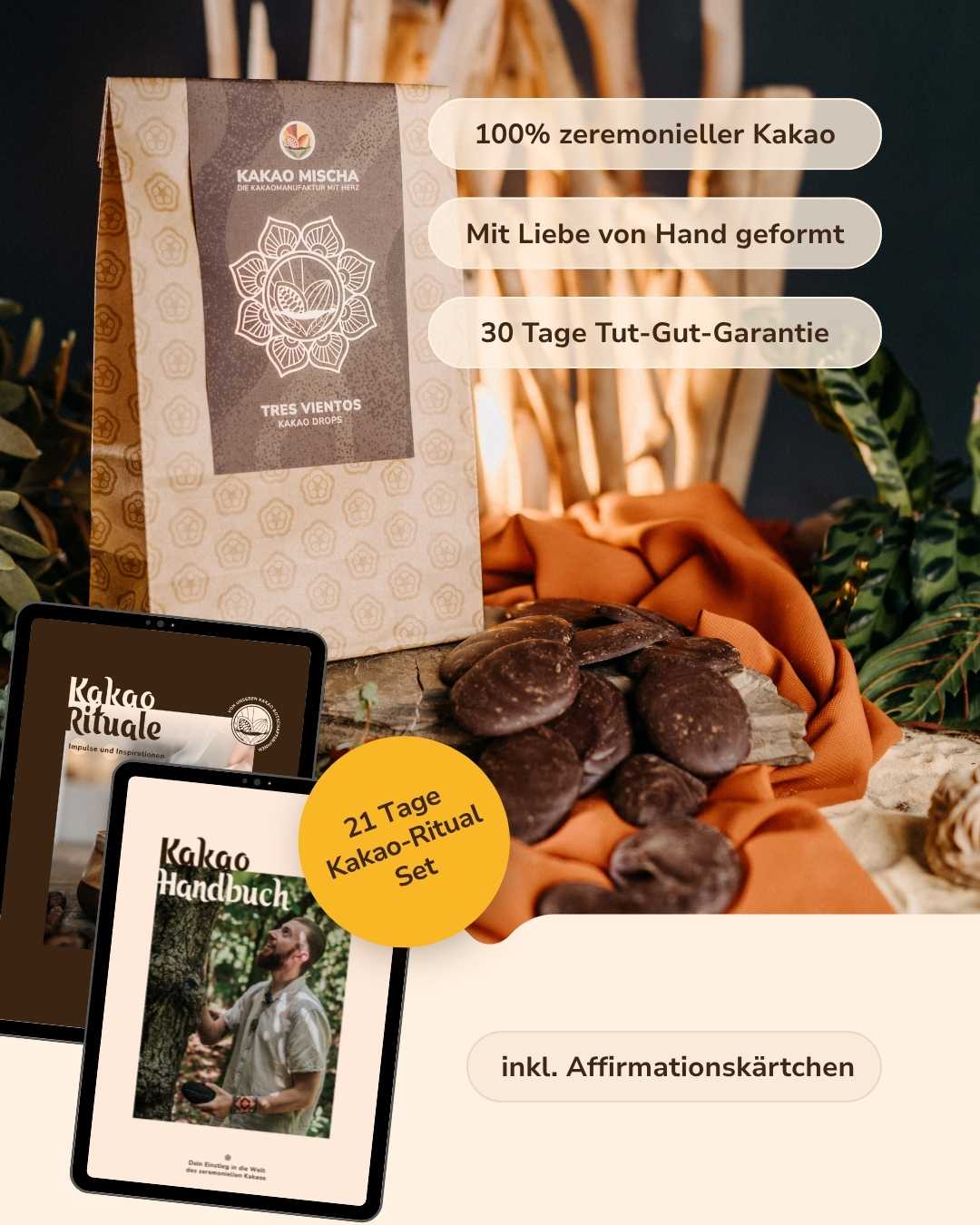 21 Tage Kakao-Ritual Set: 500g Kakaodrops, Affirmationen, Kakao- und Ritualhandbuch