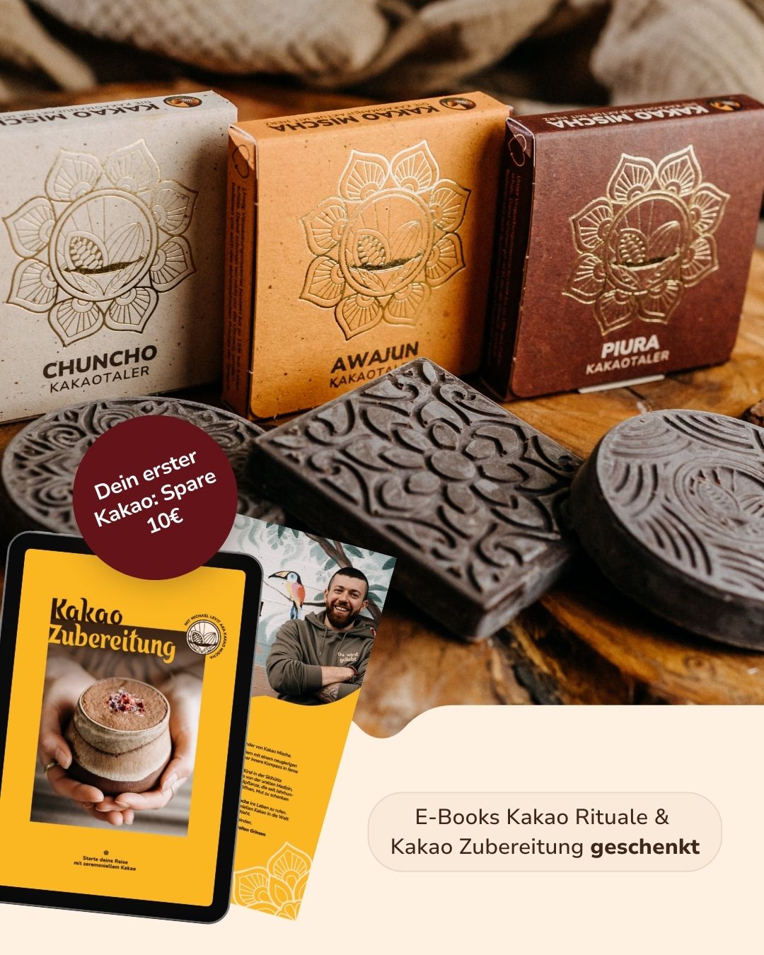Startpaket zeremonieller Kakao: Chuncho, Piura und Awajun Kakao Taler zum Probieren + 2 E-Books Kakao Zubereitung & Ritual
