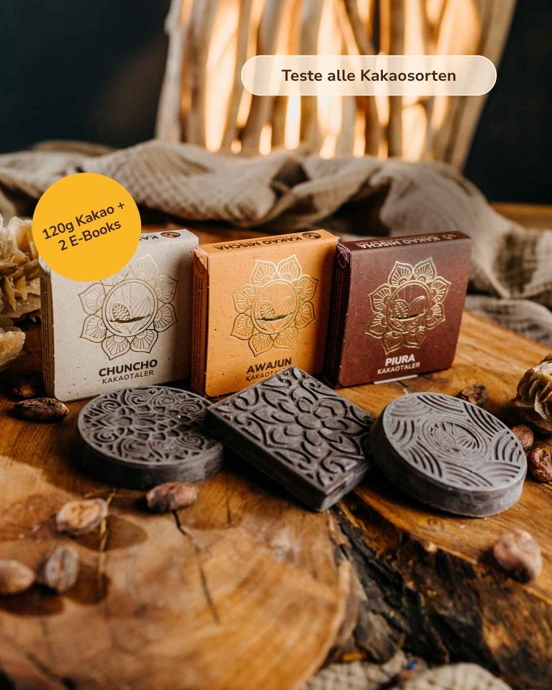 Startpaket zeremonieller Kakao: 1x Chuncho Taler, 1x Awajun Taler, 1x Piura Taler zum Probieren + 2 E-Books Kakao Zubereitung & Ritual