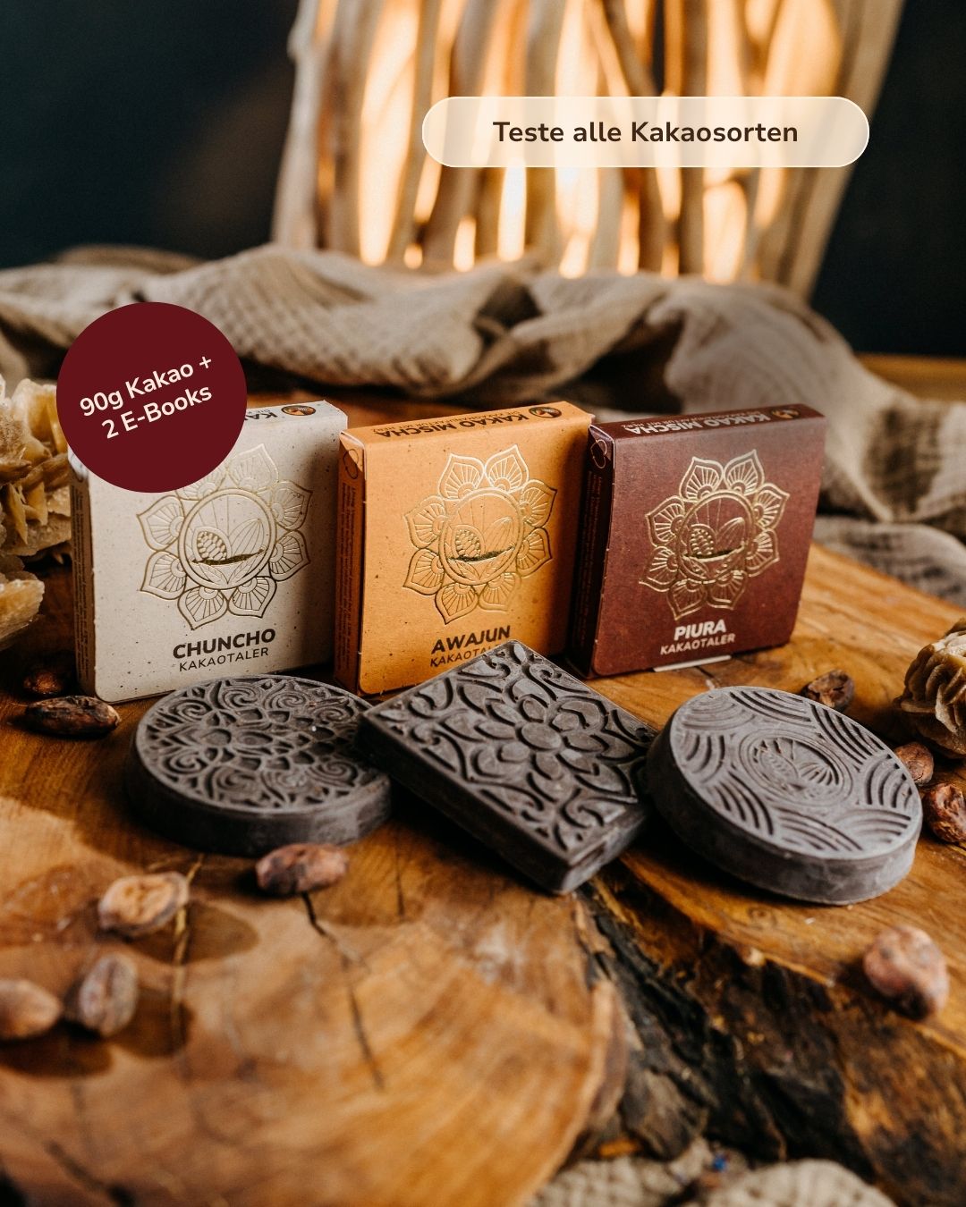Startpaket zeremonieller Kakao: 1x Chuncho Taler, 1x Awajun Taler, 1x Piura Taler zum Probieren + 2 E-Books Kakao Zubereitung & Ritual
