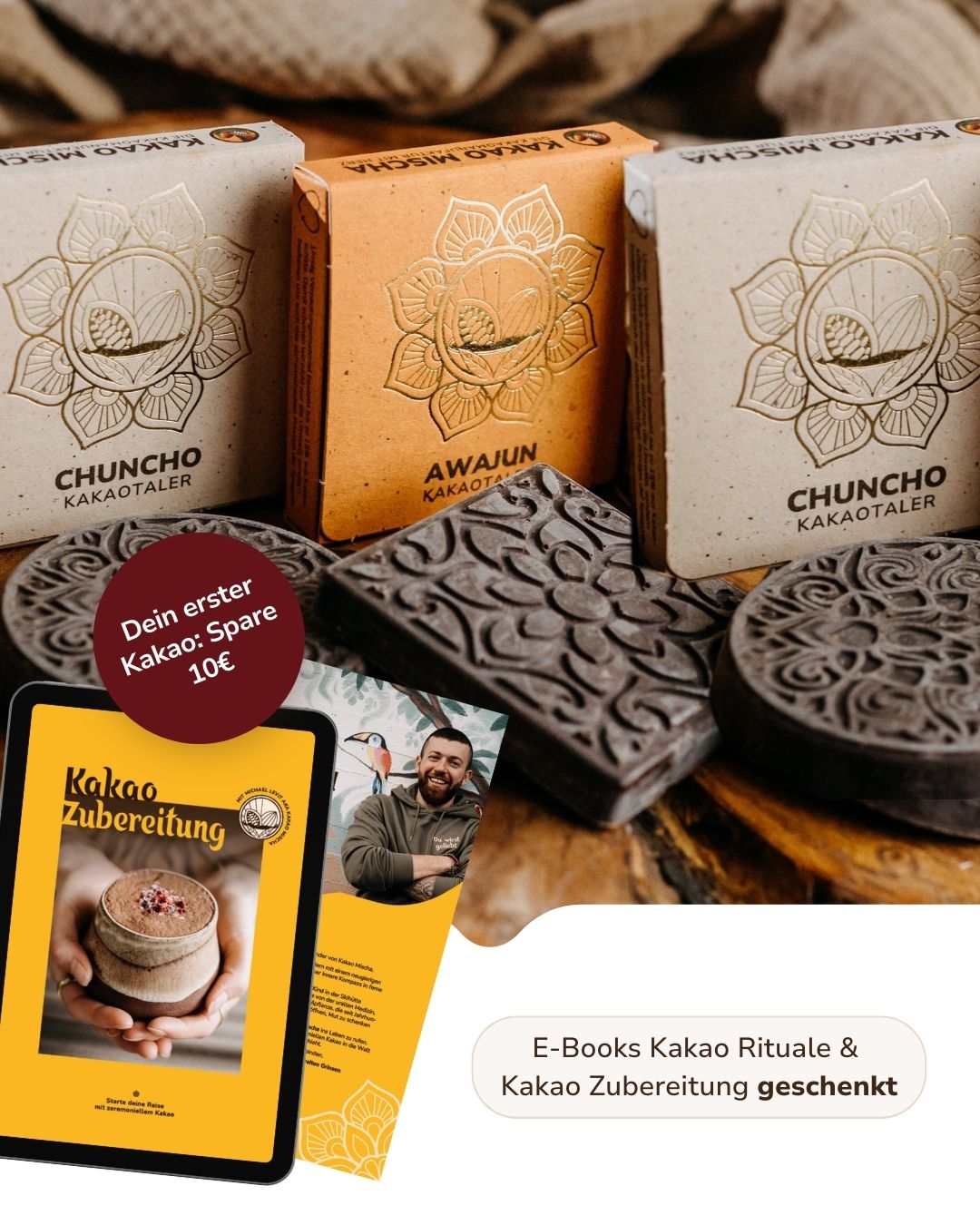 Startpaket zeremonieller Kakao: 2x Chuncho Kakao Taler, 1x Awajun zum Probieren + 2 E-Books Kakao Zubereitung & Ritual