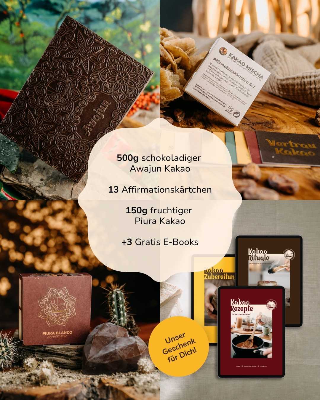 Ceremonial Cacao Sample Set: 650 g of cacao, 13 affirmation cards and 2 free e-books