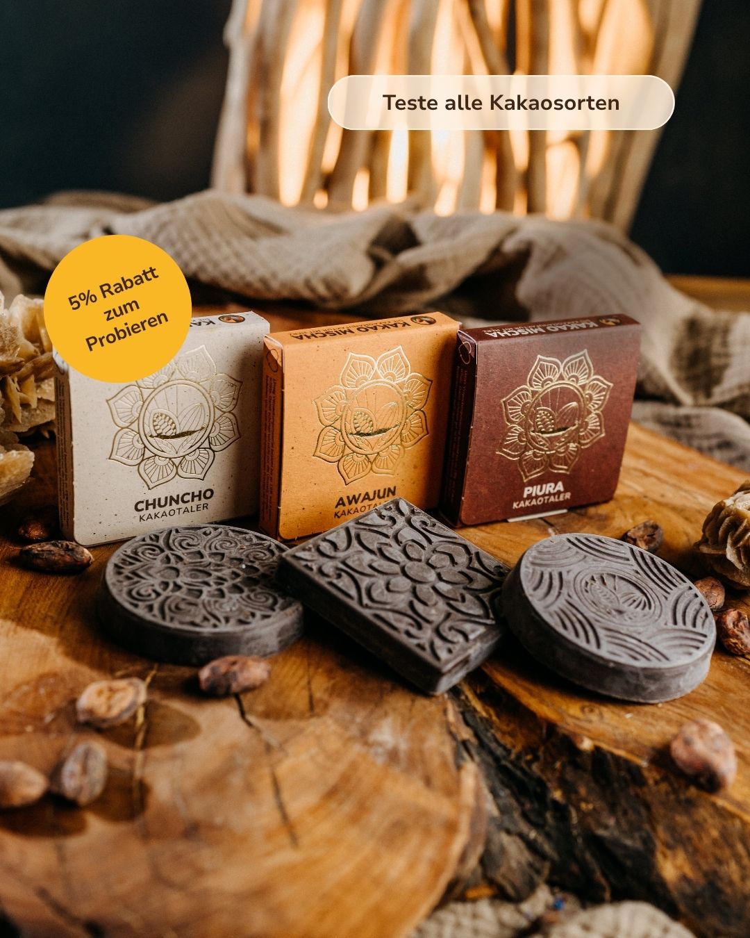 Startpaket zeremonieller Kakao: Chuncho, Piura und Awajun Kakao Taler zum Probieren + Gratis E-Book
