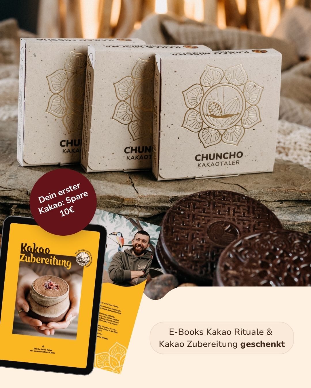 Startpaket zeremonieller Kakao: 3x Chuncho Kakao Taler zum Probieren + 2 E-Books Kakao Zubereitung & Ritual