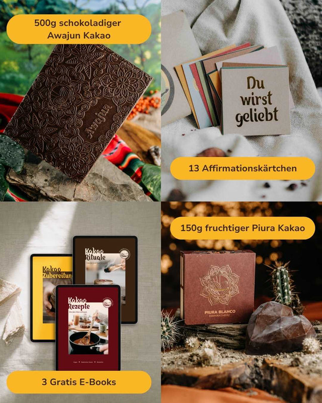 Ceremonial Cacao Sample Set: 650 g of cacao, 13 affirmation cards and 2 free e-books